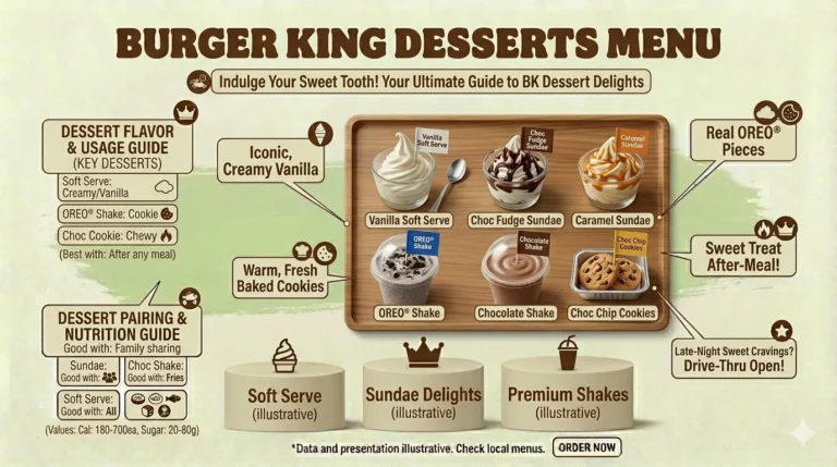 A professional commercial layout of Burger King dessert items, displaying a slice of chocolate sundae pie, a warm chocolate chip cookie, and a vanilla soft-serve cup.