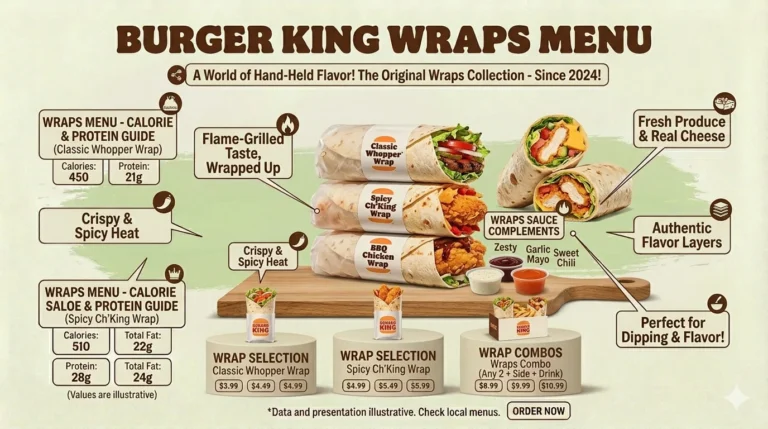 A crisp commercial layout of Burger King Royal Crispy Wraps wrapped in clean paper wrappers, showing fried chicken breast, fresh lettuce, and dipping sauces.