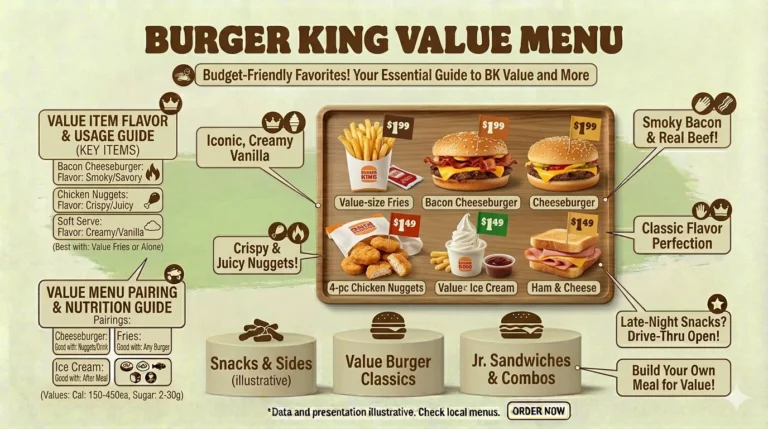 A professional fast-food commercial layout displaying a value menu arrangement with a small cheeseburger, a small order of golden fries, and four chicken nuggets.