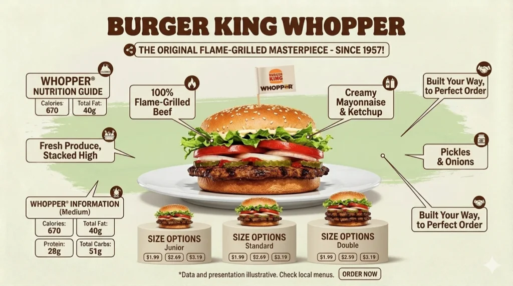 A crisp studio-lit close up of the revamped Burger King Whopper featuring a glazed sesame bun, fresh lettuce, tomatoes, pickles, and a flame-grilled beef patty inside a modern cardboard clamshell box.
