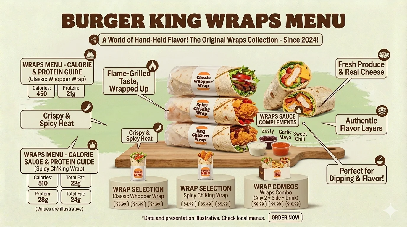A crisp commercial layout of Burger King Royal Crispy Wraps wrapped in clean paper wrappers, showing fried chicken breast, fresh lettuce, and dipping sauces.